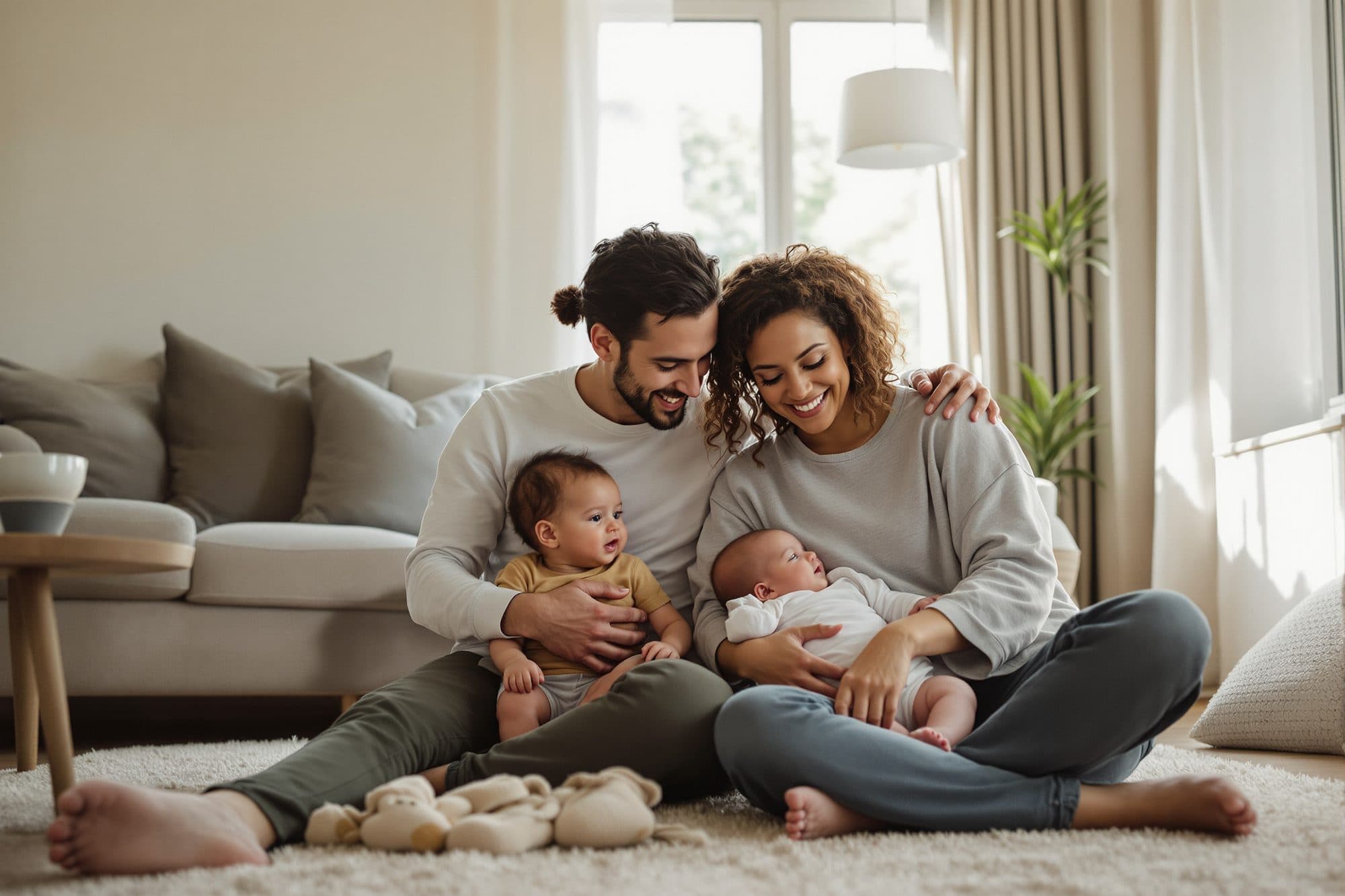 Two parents at home with their young child and baby