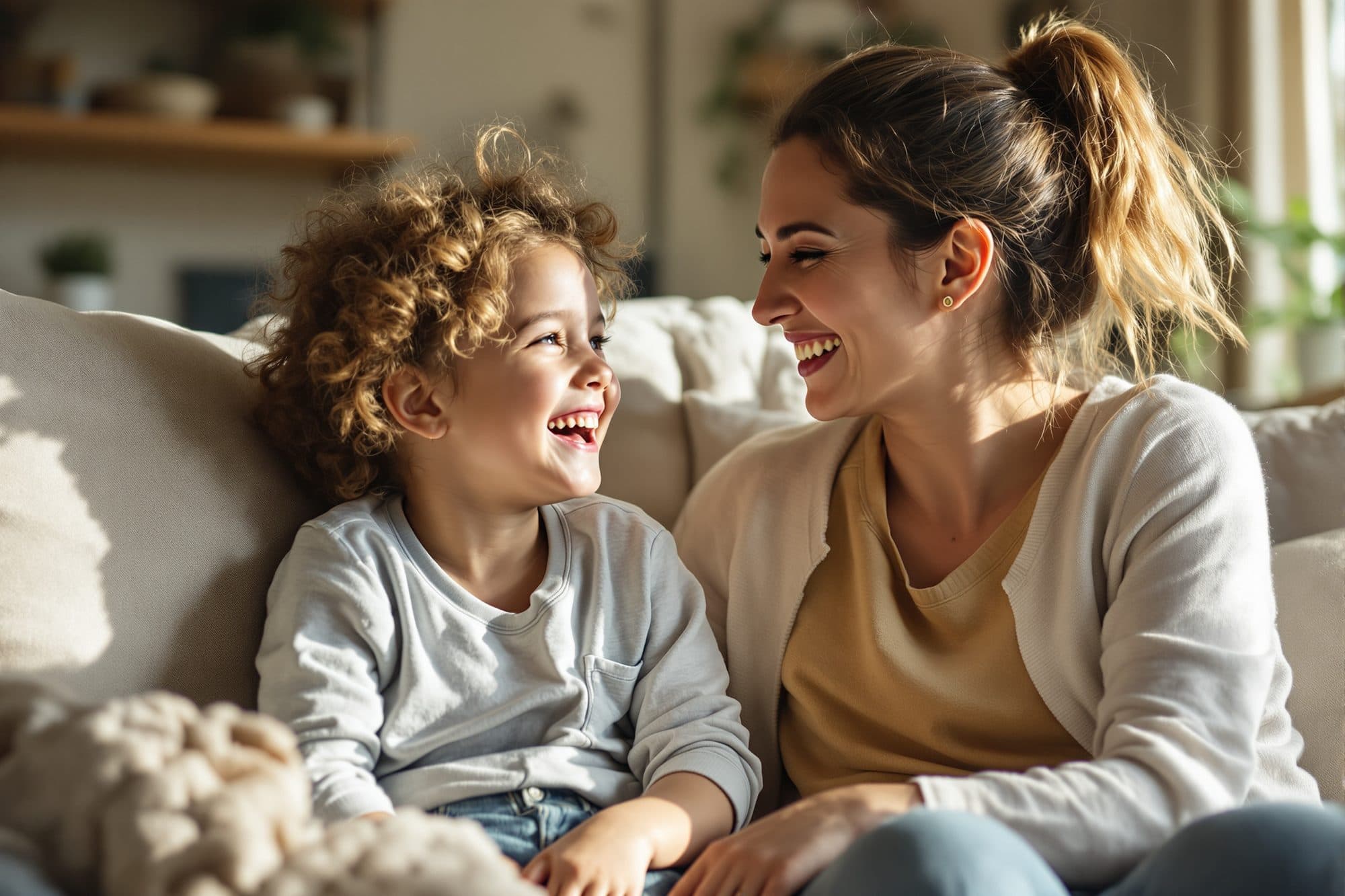 A mother and her young child at home together on the sofa