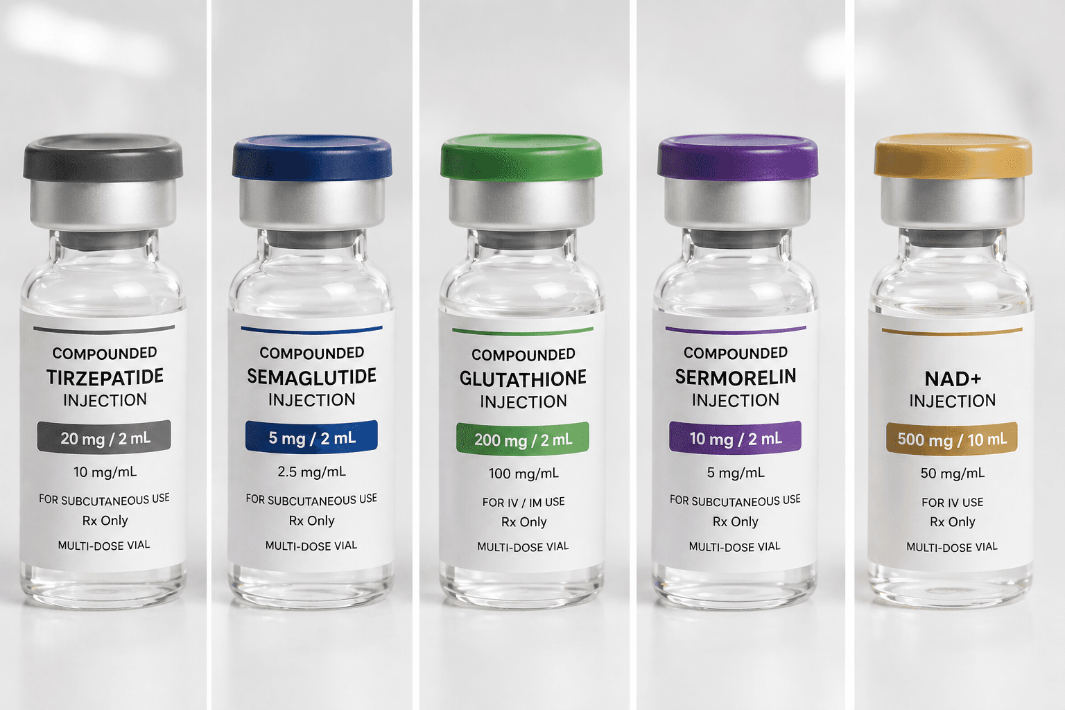 Generic compounded medication vials — labels show drug name, strength, Rx Only, For Subcutaneous Use, Multi-Dose Vial. No telehealth-firm branding.